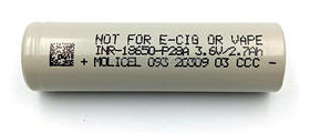 A Molicel P28A cell with the imprint NOT FOR E-CIG OR VAPE